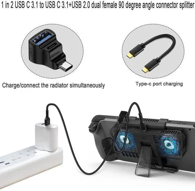Alt view image 6 of 7 - 90 Degree 1-in-2 USB-C Splitter Adapter, USB 3.1 Male to USB 3.1 + USB 2.0 Dual Female, 20Gbps 100W Charging Video Projection for Phone Laptop Tablet Steam Deck Switch