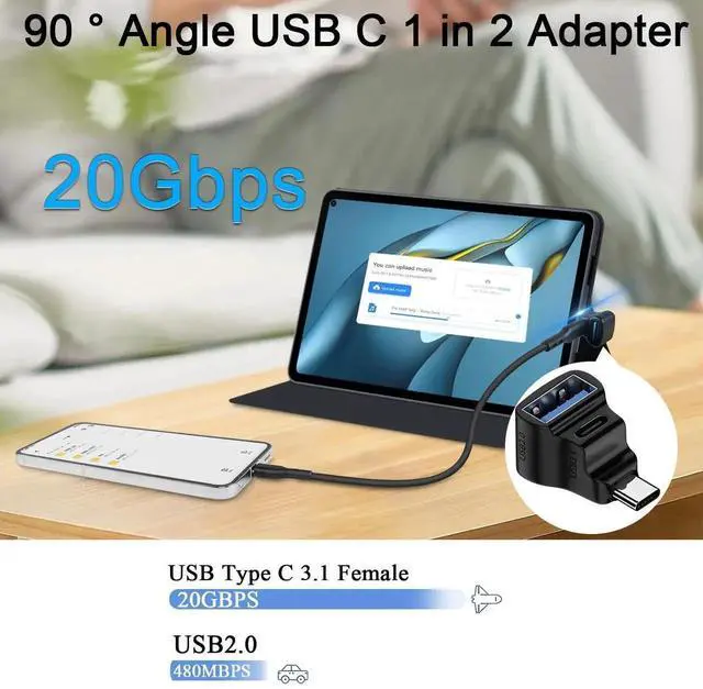 Alt view image 3 of 7 - 90 Degree 1-in-2 USB-C Splitter Adapter, USB 3.1 Male to USB 3.1 + USB 2.0 Dual Female, 20Gbps 100W Charging Video Projection for Phone Laptop Tablet Steam Deck Switch