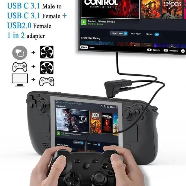 Alt view image 2 of 7 - 90 Degree 1-in-2 USB-C Splitter Adapter, USB 3.1 Male to USB 3.1 + USB 2.0 Dual Female, 20Gbps 100W Charging Video Projection for Phone Laptop Tablet Steam Deck Switch