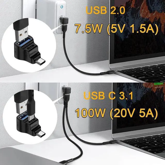 Alt view image 5 of 7 - 90 Degree 1-in-2 USB-C Splitter Adapter, USB 3.1 Male to USB 3.1 + USB 2.0 Dual Female, 20Gbps 100W Charging Video Projection for Phone Laptop Tablet Steam Deck Switch