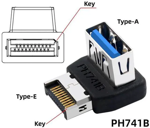 Alt view image 4 of 7 - 90 Degree Down Angled USB 3.1 Front Panel Header Adapter, Male Type-E to Type-A USB3.0 Female Data Converter for Motherboard