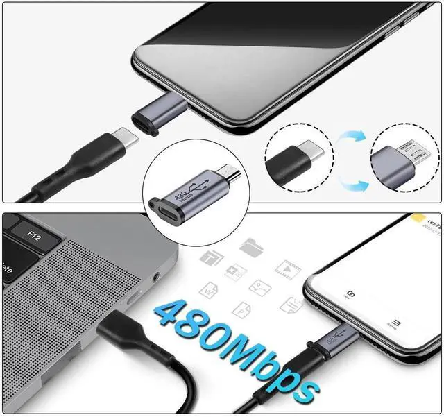 Alt view image 6 of 7 - 2Pcs 18W Micro USB Male to USB C Female Adapter, 480Mbps Micro USB 2.0 to Type C Charging Data Connector with Aluminum Alloy Shell and Hanging Hole for MP3 MP4 Digital Camera Car Recorder