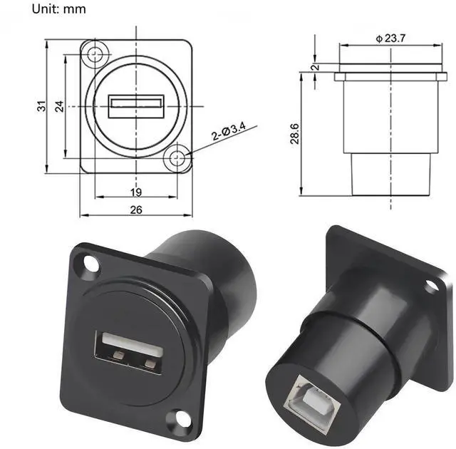 Alt view image 2 of 6 - D-Type Panel Mount USB A to B Adapter, USB Type A to Type B Conversion Connector for Printer Scanner Compatible with HP Canon Epson Lexmark Xerox