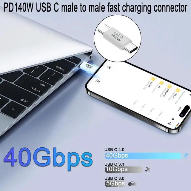 Alt view image 2 of 7 - 2 Pack 140W USB4.0 Type C Male to Male Adapter, 40Gbps 8K@60Hz Aluminium Alloy Connector
