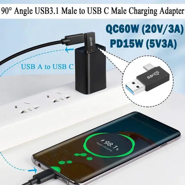 Alt view image 6 of 6 - 4Pcs Left Bend 90° Angle USB3.1 Male to USB C Male Adapter, 10Gbps QC60W PD15W USB 3.1 A Plug to Type C Plug Charging Data Connector Only A to C for Wall Charger PC Laptop