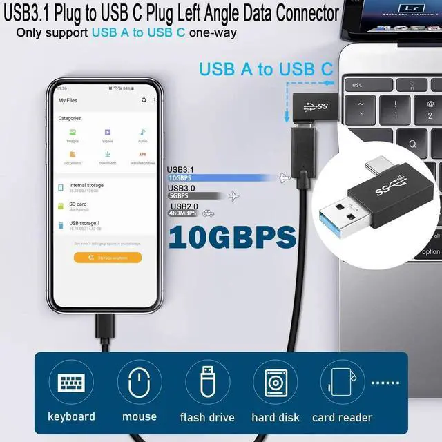 Alt view image 4 of 6 - 4Pcs Left Bend 90° Angle USB3.1 Male to USB C Male Adapter, 10Gbps QC60W PD15W USB 3.1 A Plug to Type C Plug Charging Data Connector Only A to C for Wall Charger PC Laptop