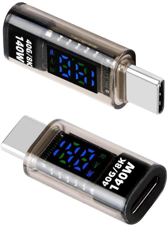 Main image of 2 Pack 140W USB C Male to Female Adapter, 40Gbps Type C Converter with LED Display, Fast Charging Data Connector for Laptop Desktop Phone Tablet
