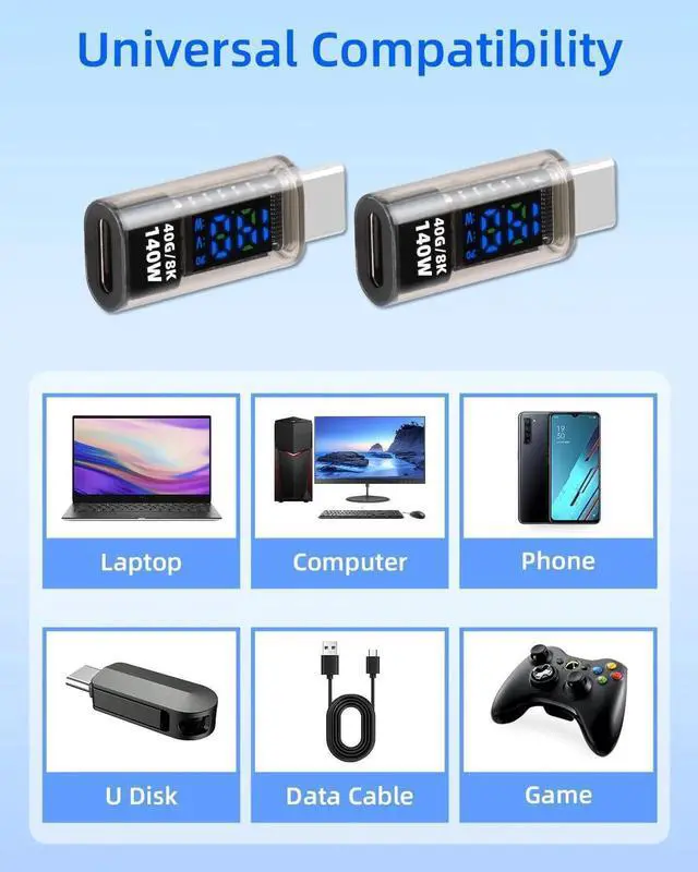 Alt view image 7 of 7 - 2 Pack 140W USB C Male to Female Adapter, 40Gbps Type C Converter with LED Display, Fast Charging Data Connector for Laptop Desktop Phone Tablet