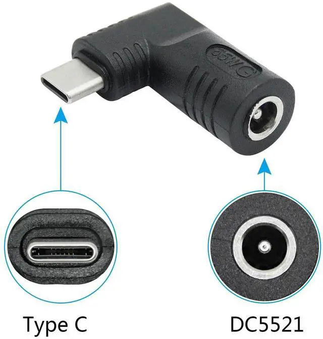 Alt view image 6 of 6 - 90 Degree Right Angle DC 5521 to USB C Adapter, PD 65W DC 5.5x2.1mm to Type C Male Plug Power Charging Connector Black for Laptop Phone