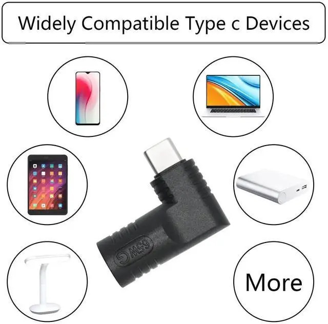 Alt view image 3 of 6 - 90 Degree Right Angle DC 5521 to USB C Adapter, PD 65W DC 5.5x2.1mm to Type C Male Plug Power Charging Connector Black for Laptop Phone