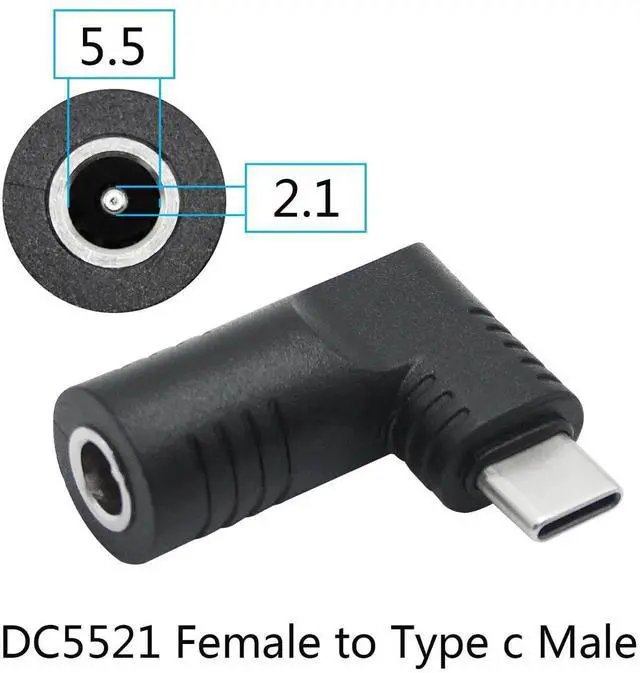 Alt view image 4 of 6 - 90 Degree Right Angle DC 5521 to USB C Adapter, PD 65W DC 5.5x2.1mm to Type C Male Plug Power Charging Connector Black for Laptop Phone
