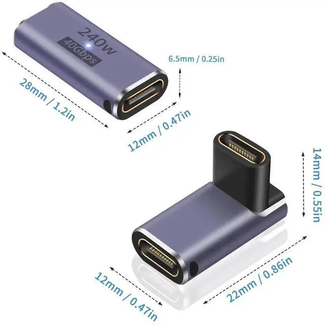 Alt view image 4 of 7 - 2Pack 90 Degree USB C Female to Female Coupler Adapter, 240W 40Gbps Type C Angle Connector, 8K Video Transmission Compatible with Thunderbolt 4/3 MacBook Pro Smartphone
