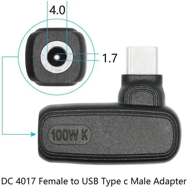 Alt view image 6 of 7 - 90 Degree DC 4017 to USB C Adapter, 100W DC 4.0x1.7mm Female to Type C Male Power Charging Connector with Built-in PD Intelligent Chip for Phone Laptop Type-C Devices