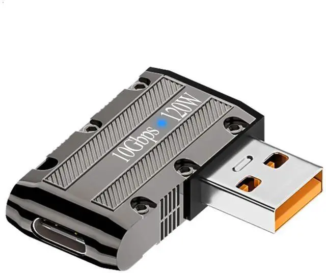 Main image of Metal Mecha Style 10Gbps USB3.1 to USB C 90° Angle Adapter, 120W USB 3.1 A Male to Type C Female Right Angle Connector with LED Indicator & Hanging Hole, Side Bend C Port to Right for PC Laptop Wall C