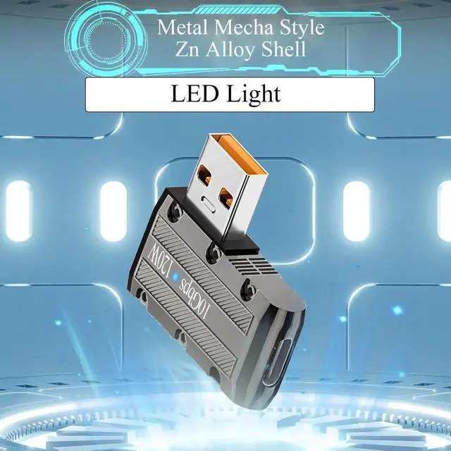 Alt view image 4 of 7 - Metal Mecha Style 10Gbps USB3.1 to USB C 90° Angle Adapter, 120W USB 3.1 A Male to Type C Female Right Angle Connector with LED Indicator & Hanging Hole, Side Bend C Port to Right for PC Laptop Wall C