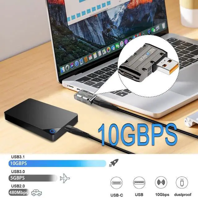 Alt view image 6 of 7 - Metal Mecha Style 10Gbps USB3.1 to USB C 90° Angle Adapter, 120W USB 3.1 A Male to Type C Female Right Angle Connector with LED Indicator & Hanging Hole, Side Bend C Port to Right for PC Laptop Wall C