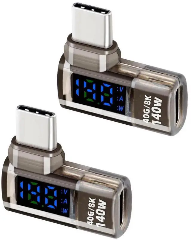 Main image of 2 Pack 90 Degree 140W USB C Male to Female Adapter, 40Gbps Type C Converter with LED Display for Wattage Voltage Current, Fast Charging Data Connector for Laptop Desktop Phone