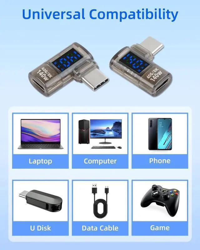 Alt view image 5 of 7 - 2 Pack 90 Degree 140W USB C Male to Female Adapter, 40Gbps Type C Converter with LED Display for Wattage Voltage Current, Fast Charging Data Connector for Laptop Desktop Phone