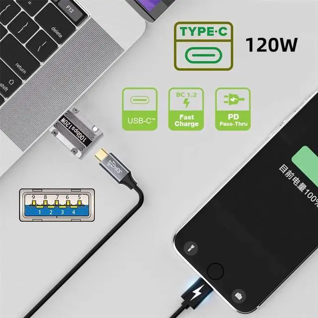 Alt view image 3 of 7 - 90 Degree Left Angled Mecha Cyberpunk USB 3.1 Type C Female to USB 3.0 A Male Adapter, 10Gbps 120W Slim Alloy Shell Power Data Converter for Phone Laptop