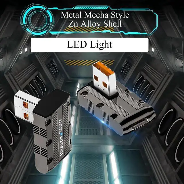 Alt view image 7 of 7 - Metal Mecha 120W USB3.1 to USB C 90° Vertical Bend Adapter, 10Gbps USB3.1 Male to Type C Female Right Angle Connector with LED Light for PC Laptop Wall Charger