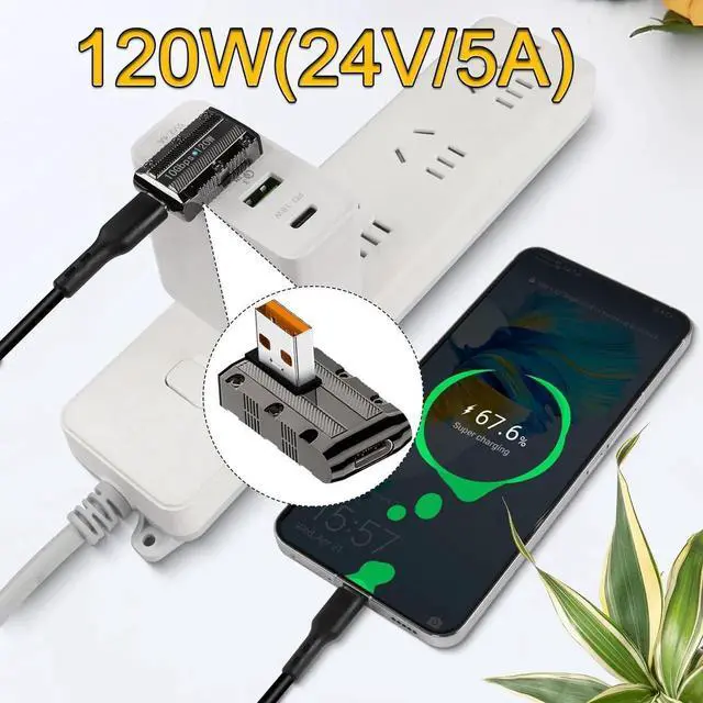 Alt view image 4 of 7 - Metal Mecha 120W USB3.1 to USB C 90° Vertical Bend Adapter, 10Gbps USB3.1 Male to Type C Female Right Angle Connector with LED Light for PC Laptop Wall Charger