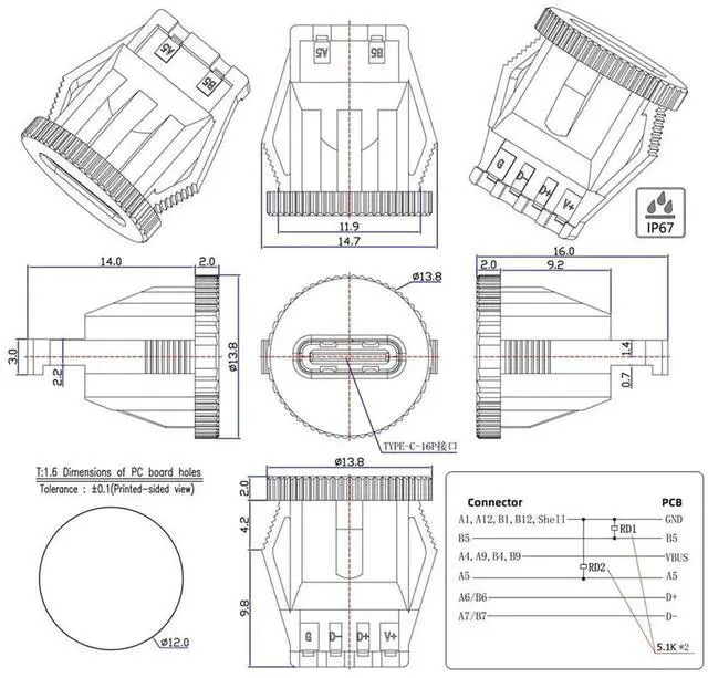 Alt view image 5 of 7 - 5Pcs/Set DIY OEM Type C Female Socket Connector, 6Pin PCBA Pinout Round Latch Mount, IP67 Waterproof DC 5V/20V PD Power Connector for Wiring Project