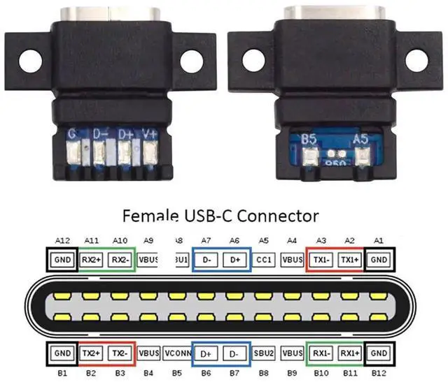 Alt view image 5 of 7 - 5pcs/Set DIY OEM Type C Female Socket Connector, 6Pin PCBA Pinout Flat Screw Mount PD Power DC 5V/20V for Wiring Project