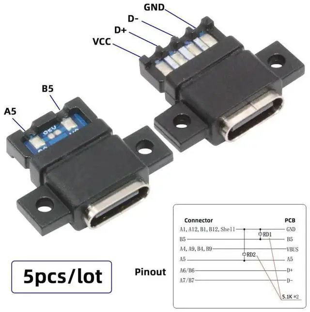 Alt view image 2 of 7 - 5pcs/Set DIY OEM Type C Female Socket Connector, 6Pin PCBA Pinout Flat Screw Mount PD Power DC 5V/20V for Wiring Project
