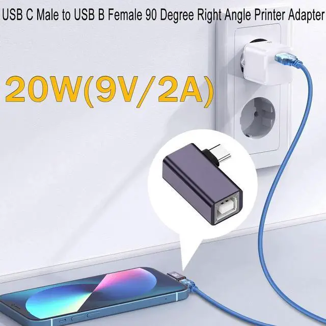 Alt view image 2 of 7 - 2Pcs 90° Right Angle USB C Male to USB B Female Adapter, 480Mbps 20W Charging Aluminum Hull Connector for Electronic Piano MIDI Instrument Printer Scanner