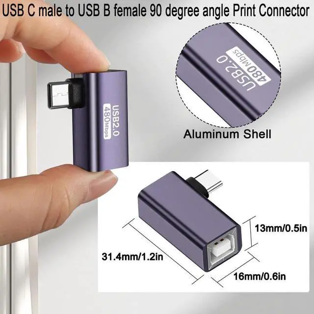 Alt view image 4 of 7 - 2Pcs 90° Right Angle USB C Male to USB B Female Adapter, 480Mbps 20W Charging Aluminum Hull Connector for Electronic Piano MIDI Instrument Printer Scanner