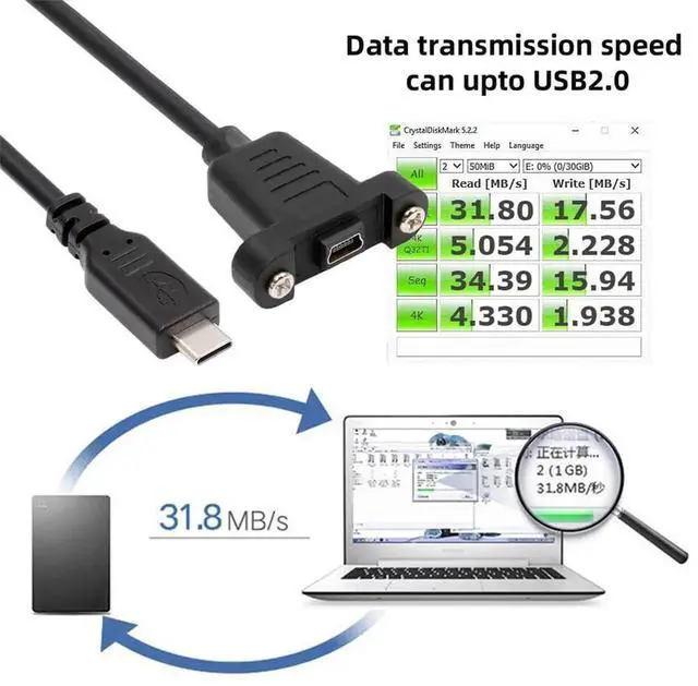 Alt view image 5 of 7 - USB 2.0 Extension Cable 1FT, Panel Mount Screw Mini USB 5 Pin to USB-C Male Charging Data Cord, 480Mbps for Portable Hard Drive Camera MP3 Player GPS Receiver