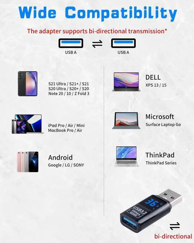 Alt view image 6 of 7 - 1Pack USB 3.2 Type A Male to Female Extension Adapter with LED Digital Display, 10Gbps High Speed USB Extender for Smart Digital Tester Laptop Keyboard Flash Drive