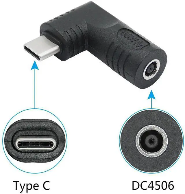 Alt view image 5 of 6 - Right Angle DC 4506 to USB C Adapter, 90 Degree PD 65W DC 4.5mm x 0.6mm to Type C Male Plug Power Charging Connector Black for Laptop Phone