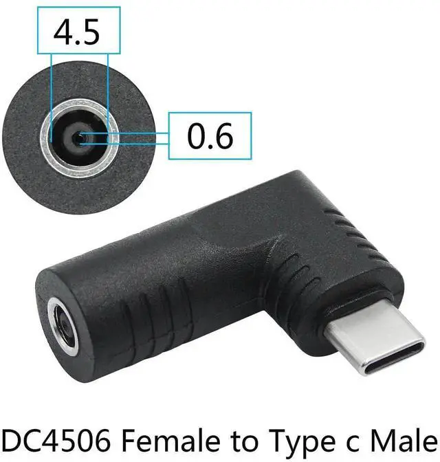 Alt view image 4 of 6 - Right Angle DC 4506 to USB C Adapter, 90 Degree PD 65W DC 4.5mm x 0.6mm to Type C Male Plug Power Charging Connector Black for Laptop Phone