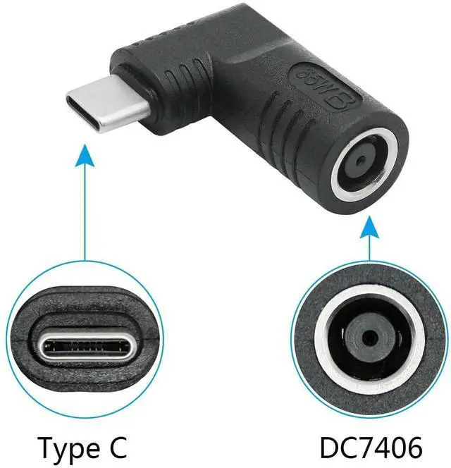 Alt view image 4 of 6 - Right Angle DC 7406 to USB C Adapter, 90 Degree PD 65W DC 7.4mm x 0.6mm to USB Type C Male Plug Power Charging Adapter Black for Laptop Phone