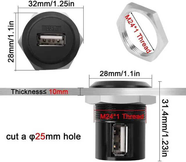 Alt view image 4 of 7 - USB2.0 90 Degree Right Angle Adapter, Female to Female Panel Mount Round Connector, Support Data Transfer & 5V 1A Charging