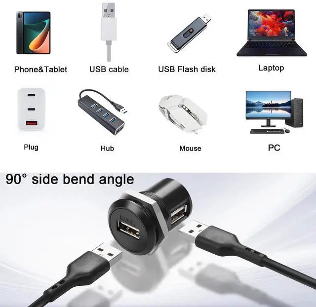 Alt view image 5 of 7 - USB2.0 90 Degree Right Angle Adapter, Female to Female Panel Mount Round Connector, Support Data Transfer & 5V 1A Charging