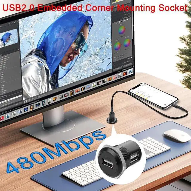 Alt view image 7 of 7 - USB2.0 90 Degree Right Angle Adapter, Female to Female Panel Mount Round Connector, Support Data Transfer & 5V 1A Charging
