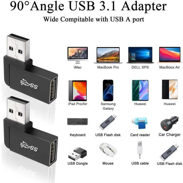 Alt view image 3 of 7 - 2Pcs 90° Right Angle Side Bend USB 3.1 Adapter, 10Gbps USB A Male to Female L-Angle Coupler, Support OTG Data Transfer & 3A Fast Charging