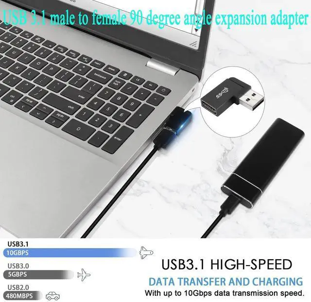 Alt view image 7 of 7 - 2Pcs 90° Right Angle Side Bend USB 3.1 Adapter, 10Gbps USB A Male to Female L-Angle Coupler, Support OTG Data Transfer & 3A Fast Charging