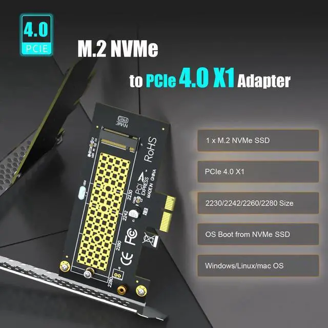 Alt view image 2 of 6 - PA09-X1 M.2 NVMe to PCIe X1 Adapter, Support 2230/2242/2260/2280 M.2 NVMe SSD, PCIe X1 Slot Installation