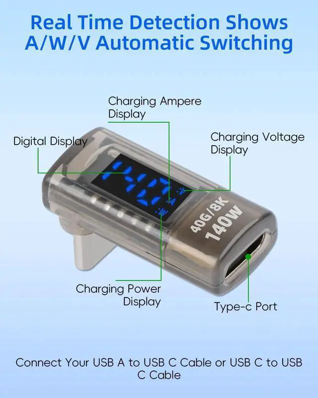 Alt view image 5 of 7 - 2 Pack 270 Degree USB C Power Meter with Digital Display, PD 140W Type C Male to Female Adapter, Voltage Current Power Detector for Phones Laptops