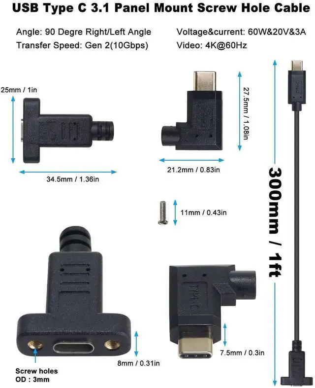 Alt view image 5 of 7 - 1ft/30cm 90 Degree Right & Left Angled USB C Male to Female Extension Cable, USB 3.1 Type C Charging Data Sync Cord with Panel Mount Screw Hole