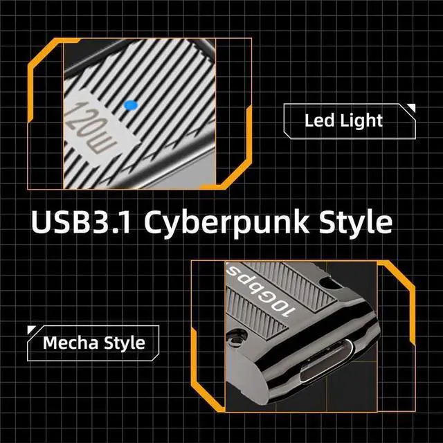 Alt view image 2 of 7 - 90 Degree Up Angled USB 3.1 Type C Female to USB 3.0 A Male Adapter, 10Gbps 120W Mecha Cyberpunk Alloy Shell Low Profile Power Data Converter for Phone Laptop