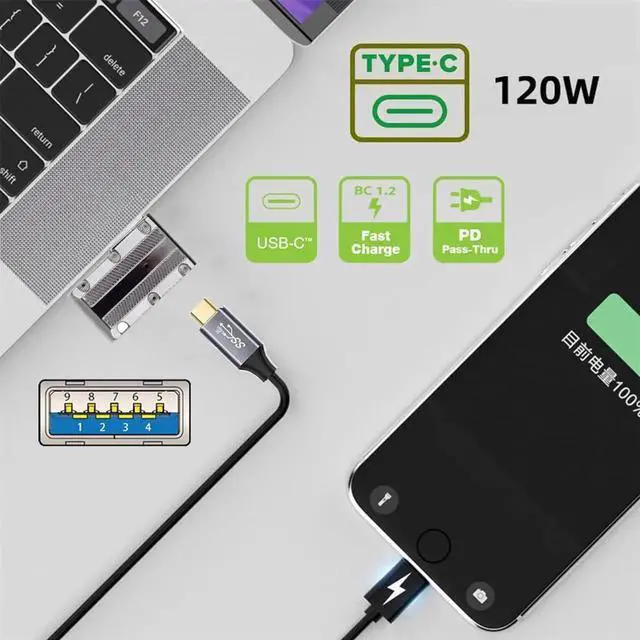 Alt view image 4 of 7 - 90 Degree Flat Right Angled USB 3.1 Type C Female to USB 3.0 A Male Adapter, 10Gbps 120W Mecha Cyberpunk Alloy Shell Power Data Converter for Phone Laptop