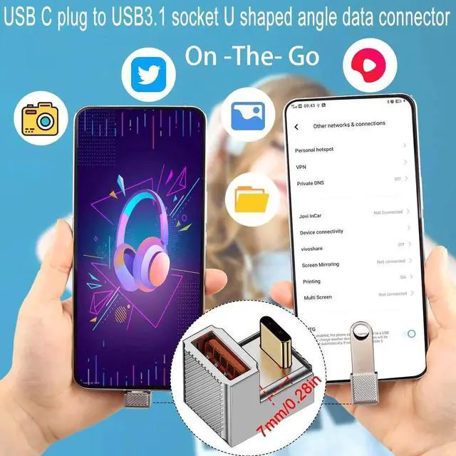 Alt view image 2 of 7 - 180 Degree U-Shape PD 120W USB C OTG Adapter, 10Gbps USB 3.1 Type C Male to Female Quick Charging Data Connector, Zinc Alloy Shell with LED Indicator for Smartphone Tablet