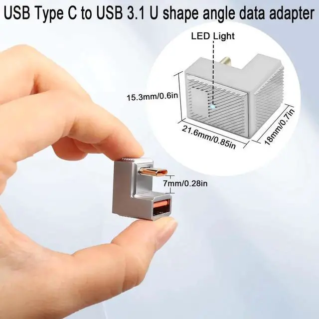 Alt view image 7 of 7 - 180 Degree U-Shape PD 120W USB C OTG Adapter, 10Gbps USB 3.1 Type C Male to Female Quick Charging Data Connector, Zinc Alloy Shell with LED Indicator for Smartphone Tablet