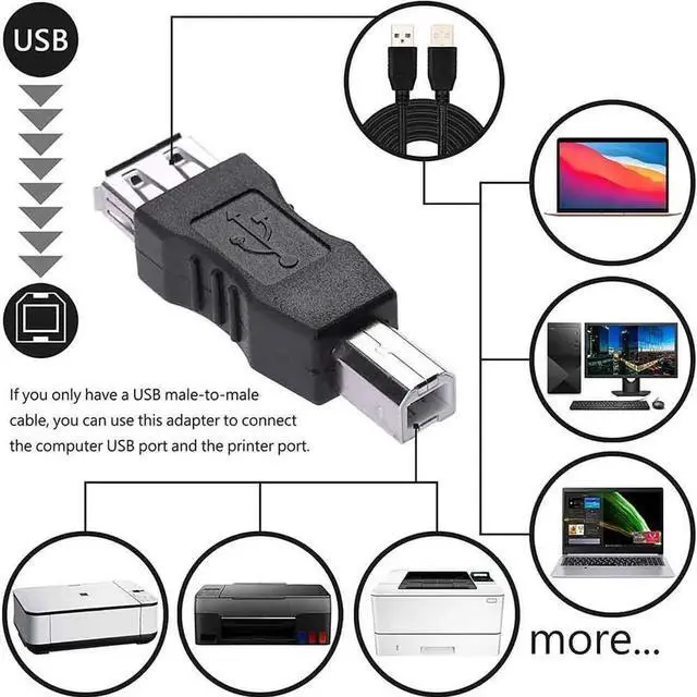Alt view image 5 of 7 - 2-Pack USB A to USB B Printer Adapter, Male to Female Connector for HP Canon Epson Brother Lexmark Xerox Printer Scanner External Hard Drive Not MIDI Adapter