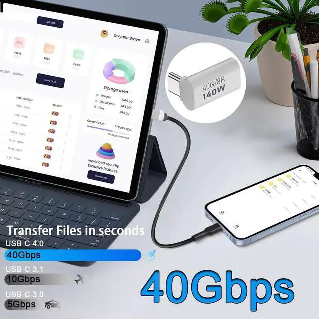 Alt view image 3 of 7 - 2Pcs 90° Positive Bend USB4.0 Type C Right Angle Adapter, 40Gbps 140W PD 8K@60Hz Male to Female Extender, Aluminum Alloy Housing Compatible for Phone Tablet Steam Deck