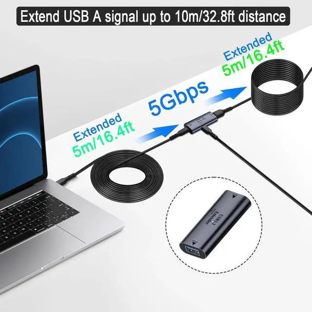 Alt view image 6 of 7 - USB C to USB3.2 Signal Amplification Extender Adapter, 10m/32.8ft Long Distance Extension Cable, 5Gbps 5V/3A Charging Data Connector with LED Indicator, Aluminum Alloy Housing and 15W USB C Power Supp